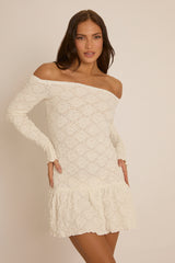 White Textured Bardot Mini Dress - Dominique