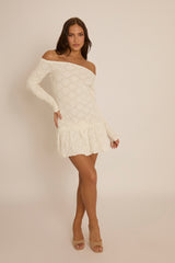 White Textured Bardot Mini Dress - Dominique