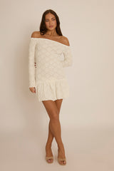 White Textured Bardot Mini Dress - Dominique