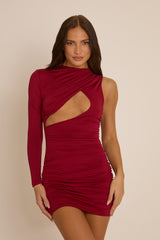 Wine One Sleeve Cut Out Mini Dress - Giada