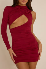 Wine One Sleeve Cut Out Mini Dress - Giada