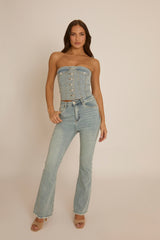 Blue Denim Button Front Crop Top - Tania