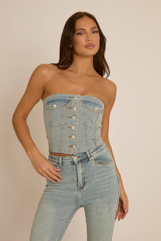 Blue Denim Button Front Crop Top - Tania