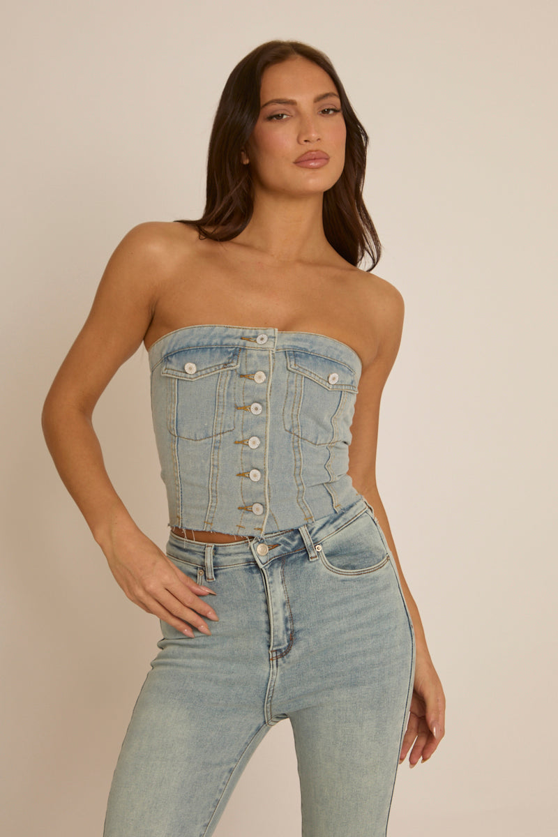 Blue Denim Button Front Crop Top - Tania