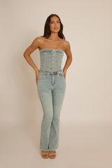 Blue Denim Button Front Crop Top - Tania