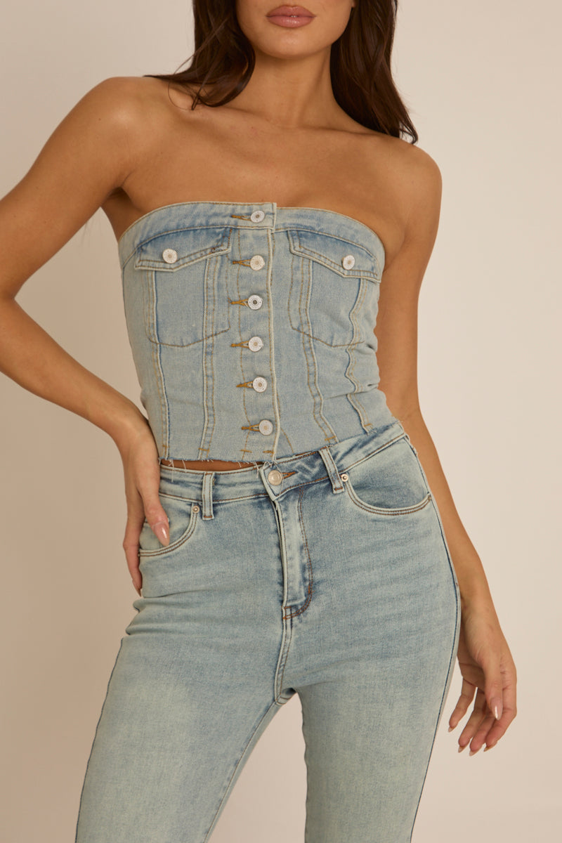 Blue Denim Button Front Crop Top - Tania