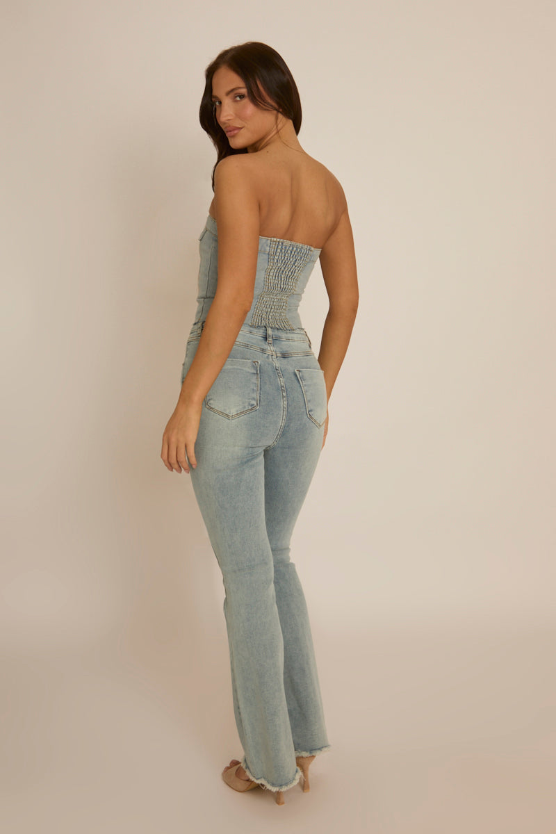 Blue Denim Button Front Crop Top - Tania