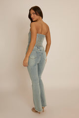 Blue Denim Button Front Crop Top - Tania