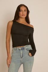 Black Asymmetric Sleeve Top - Christa