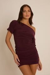 Burgundy Drape Off Shoulder Ruched Mini Dress - Elain