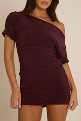 Burgundy Drape Off Shoulder Ruched Mini Dress - Elain