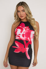 Black Floral Halter Neck Mini Dress - Cynthia