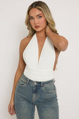 White Slinky Plunge Bodysuit - Akari