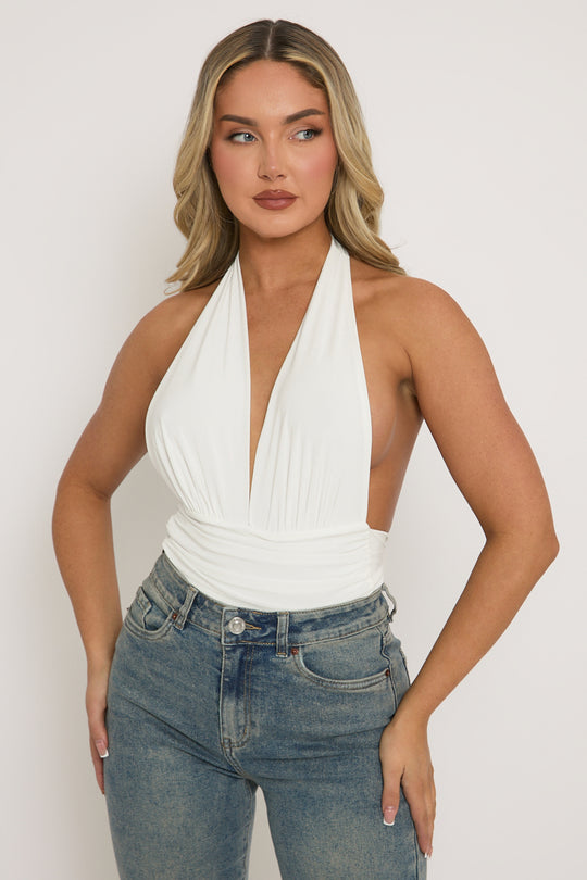 White Slinky Plunge Bodysuit - Akari