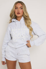 Grey Marl Swirl Motif Hoodie & Shorts Loungewear Co-ord Set - Dimity