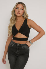 Black Twist Front Cut Out Crop Top - Joyce