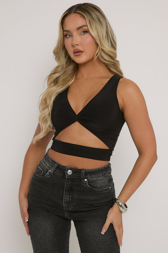 Black Twist Front Cut Out Crop Top - Joyce