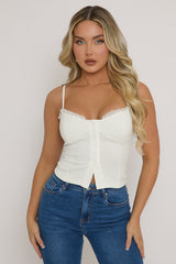 White Lace Trim Button Down Corset Top - Merilyn