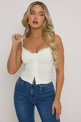 White Lace Trim Button Down Corset Top - Merilyn