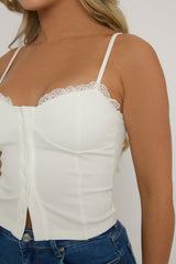 White Lace Trim Button Down Corset Top - Merilyn