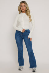 White Button Up Rib Long Sleeve Top - Georgiana