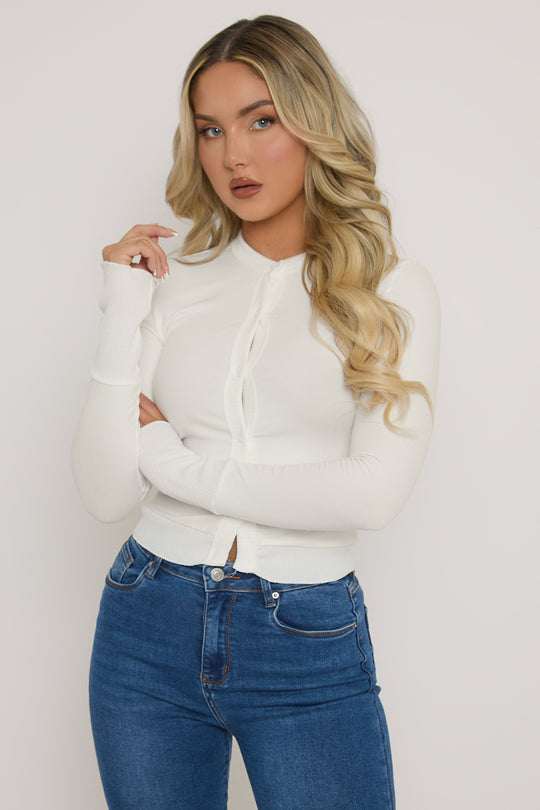 White Button Up Rib Long Sleeve Top - Georgiana