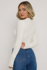 White Button Up Rib Long Sleeve Top - Georgiana
