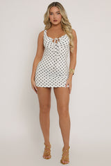 White Polka Dot Tie Front Mini Dress - Leanne