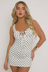White Polka Dot Tie Front Mini Dress - Leanne