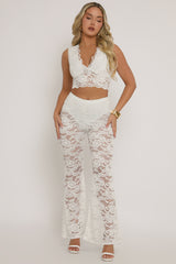 White Lace Top and Kick flare Trouser Co-Ord Set - Uma