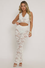 White Lace Top and Kick flare Trouser Co-Ord Set - Uma