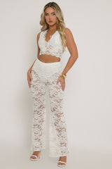 White Lace Top and Kick flare Trouser Co-Ord Set - Uma