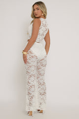 White Lace Top and Kick flare Trouser Co-Ord Set - Uma