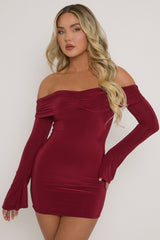Wine Fold Over Bardot Mini Dress - Shawna