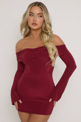 Wine Fold Over Bardot Mini Dress - Shawna