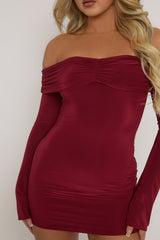 Wine Fold Over Bardot Mini Dress - Shawna