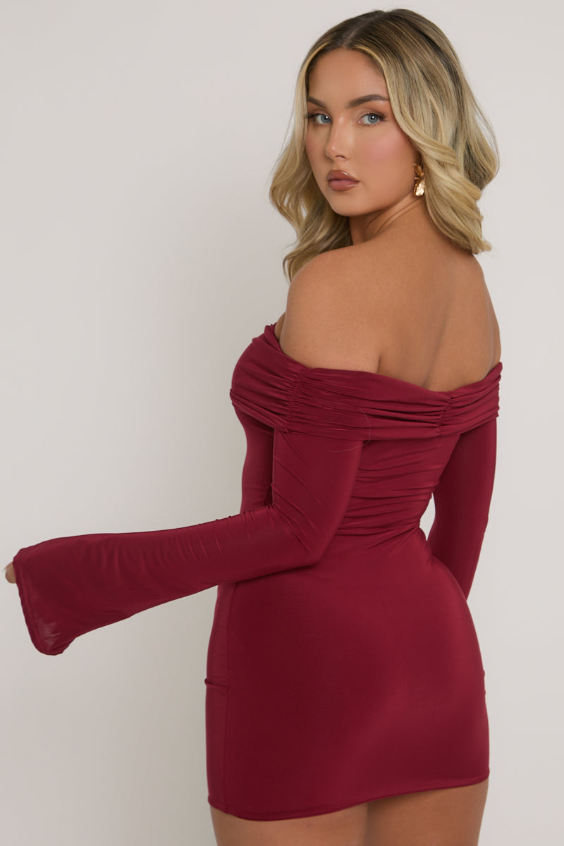 Wine Fold Over Bardot Mini Dress - Shawna