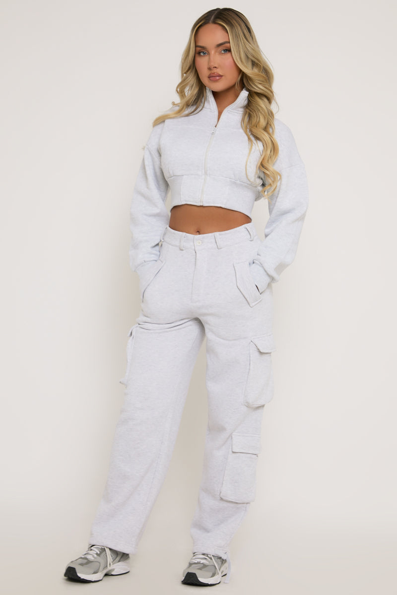 Grey Marl Cropped Cargo Lounge Co-ord Set - Lizzie