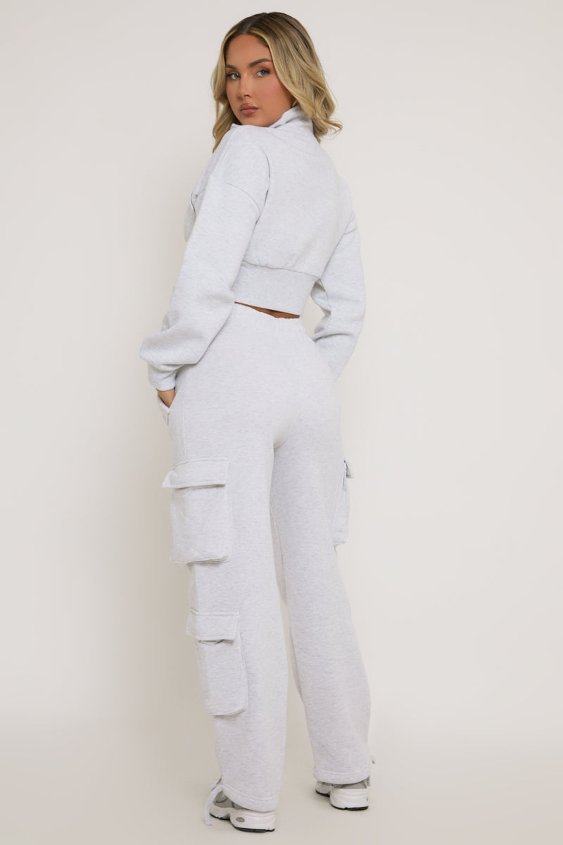 Grey Marl Cropped Cargo Lounge Co-ord Set - Lizzie
