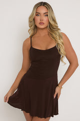 Chocolate Slinky Asymmetric Flippy Mini Dress - Pepper