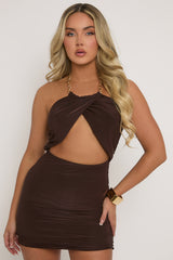 Chocolate Chain Halter Neck Cut Out Mini Dress - Mavis