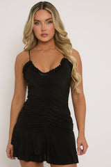 Black Ruffle Ruched Front Mini Dress - Hilary