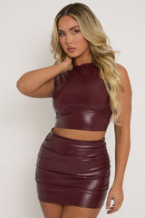Burgundy Faux Leather Mini Skirt and Crop Top Co-ord - Nicki