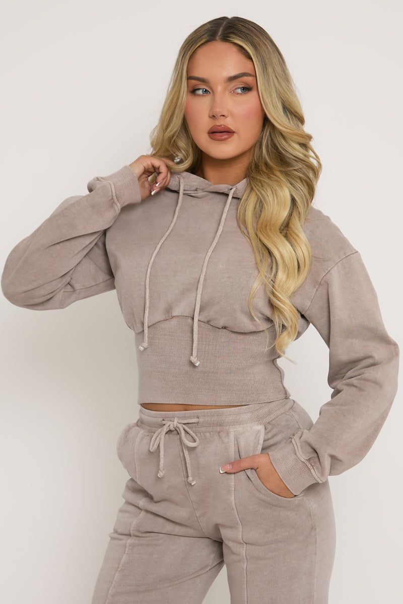 Dove Grey Washed Cinched Waist Hoody and Joggers Loungewear Co-ord Set - Destiny