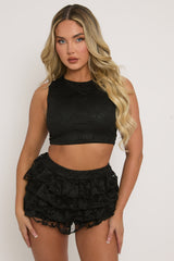 Black Lace Top and Ruffle Skort Co-ord Set - Doreen