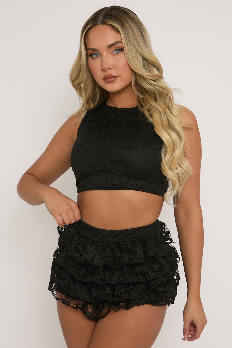 Black Lace Top and Ruffle Skort Co-ord Set - Doreen