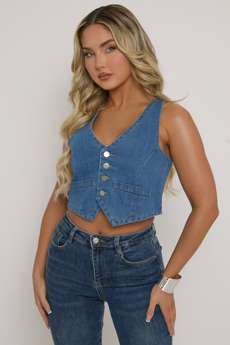 Mid Blue Button Up Front Denim Waistcoat | Tops | Rebellious Fashion