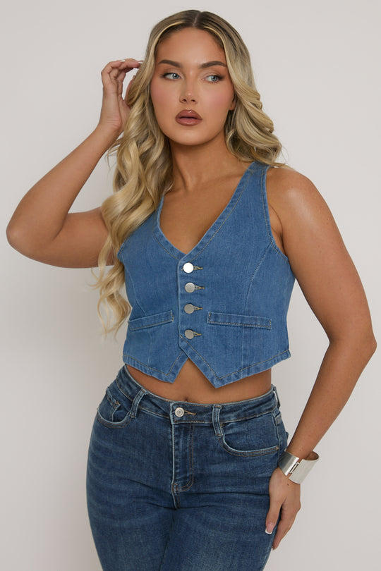 Mid Blue Button Up Front Denim Waistcoat - Tobi