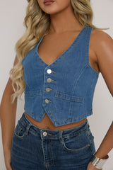 Mid Blue Button Up Front Denim Waistcoat - Tobi