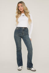 Washed Blue High Waist Kick Flare Frayed Hem Denim Jeans - Aspen